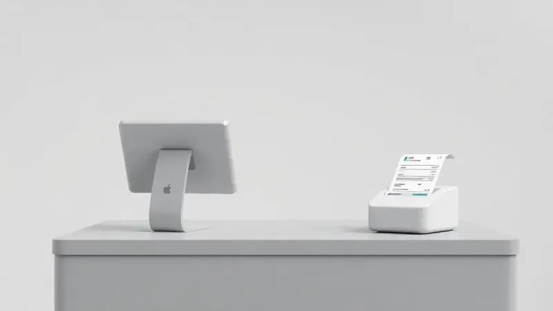 Renderização 3D conceitual de um ponto de venda minimalista com foco em recibos fiscais e uma impressora de cupom.