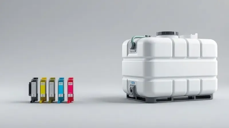 Ilustração conceitual comparando cartuchos de tinta tradicionais com tanques de tinta de grande volume em renderização 3D.