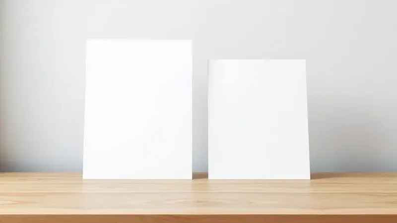 Comparação visual de tamanhos de papel A4 e A3 em uma mesa de design minimalista para sublimação.