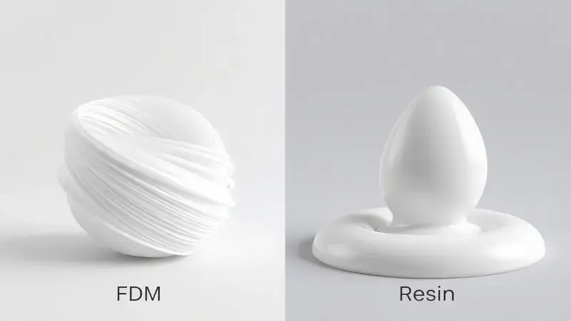 Ilustração digital comparando de forma conceitual as tecnologias de impressão 3D FDM e resina em um fundo neutro.