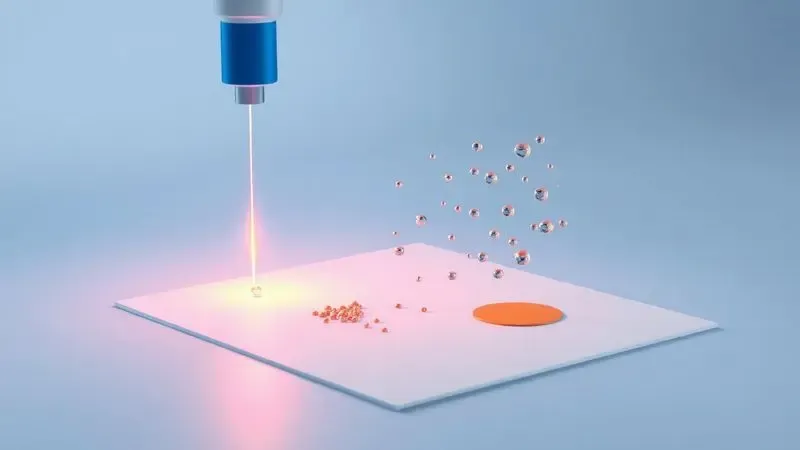 Ilustração 3D mostrando a diferença conceitual entre feixes de laser e microgotas de tinta sobre o papel.