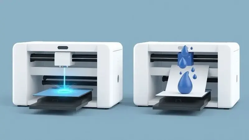 Representação 3D comparando a tecnologia de impressão a laser com a de jato de tinta em um estilo artístico e educacional.