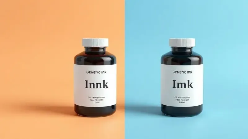 Representação conceitual em 3D comparando dois tipos de garrafas de tinta genéricas em um fundo minimalista dividido.