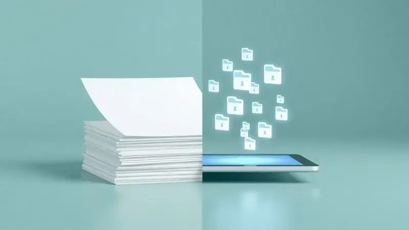 Ilustração 3D comparando uma pilha de papéis físicos com ícones de arquivos digitais flutuantes, representando diferenças técnicas.