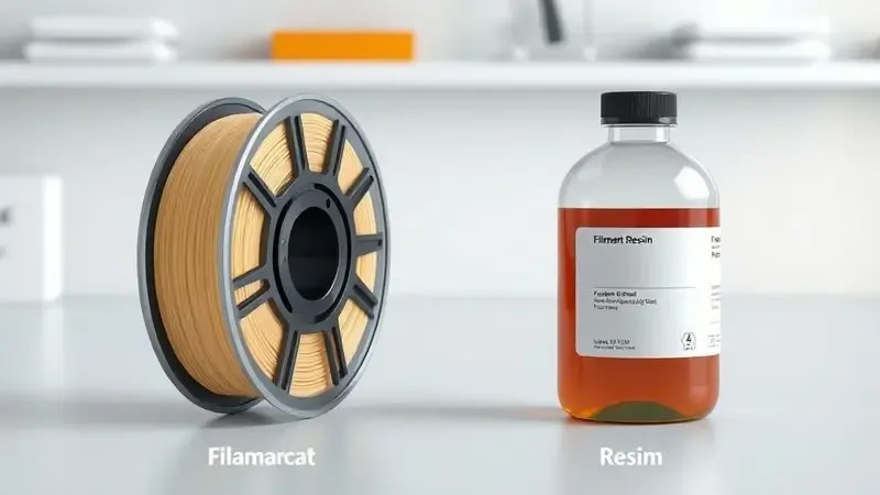 Ilustração digital comparando um carretel de filamento e uma garrafa de resina líquida em uma bancada limpa de forma conceitual.