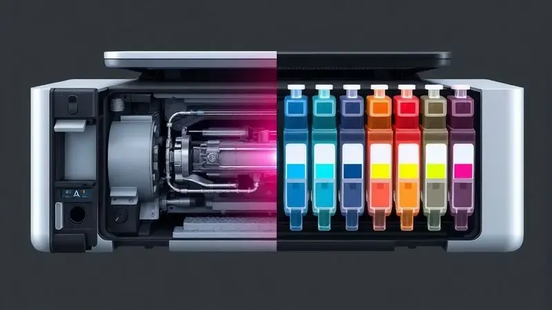 Ilustração técnica e conceitual mostrando a diferença interna entre o toner de laser e os tanques de tinta coloridos.