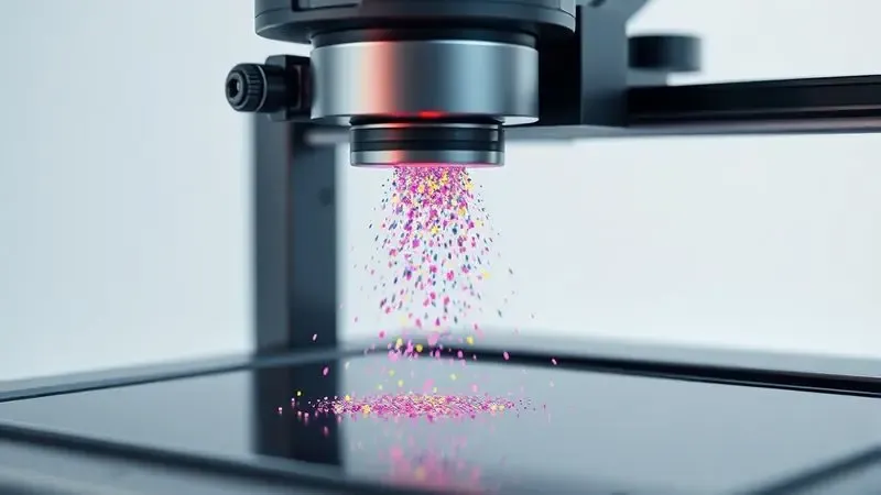 Ilustração digital artística mostrando o conceito abstrato de bicos de impressão e microgotas de tinta colorida.