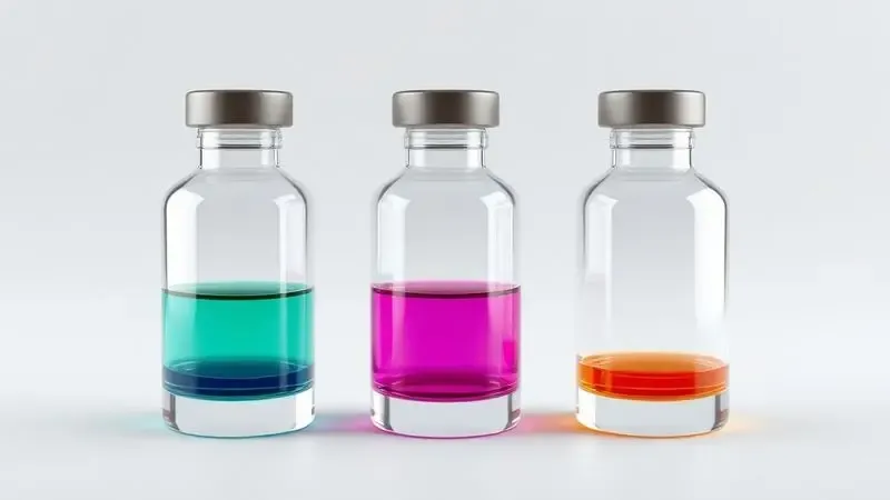 Representação em 3D de três frascos de vidro contendo diferentes tipos de tintas coloridas para exemplificar as variações de densidade.