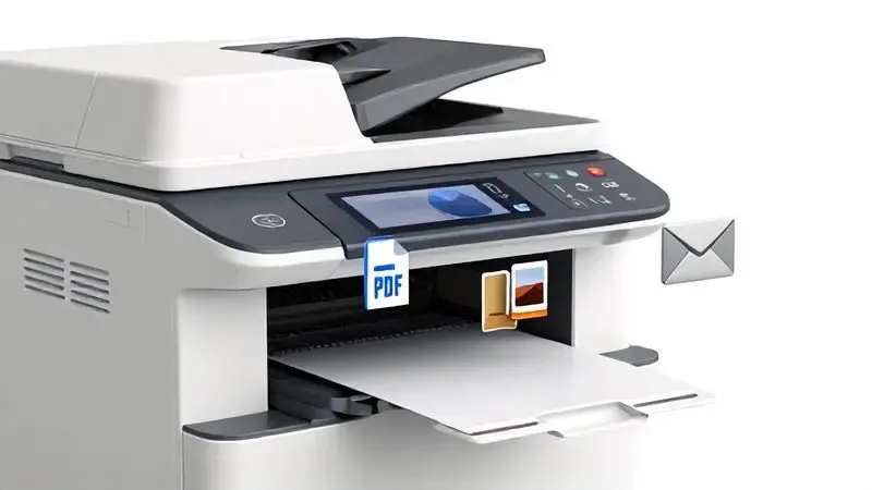 Ilustração de fluxo de digitalização com múltiplos destinos como PDF, imagem e e-mail