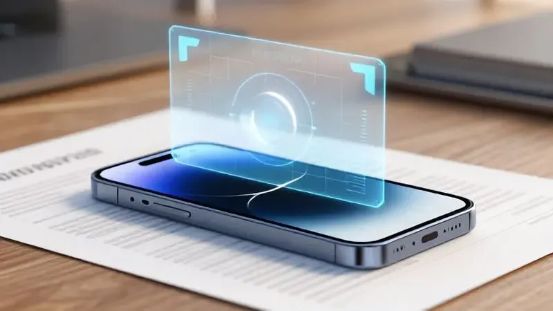 Ilustração 3D de celular digitalizando documento com elementos de interface holográficos