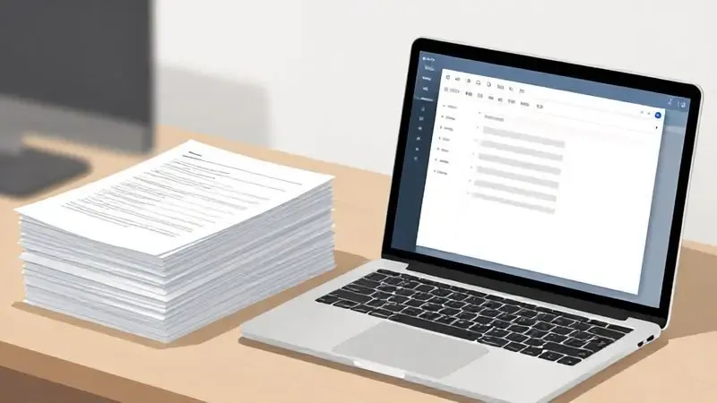 Ilustração digital da transformação de documentos físicos em arquivos digitais na era moderna