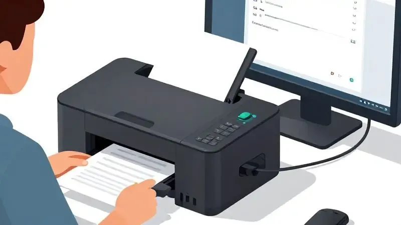 Ilustração de pessoa usando impressora multifuncional conectada ao computador para digitalizar documentos
