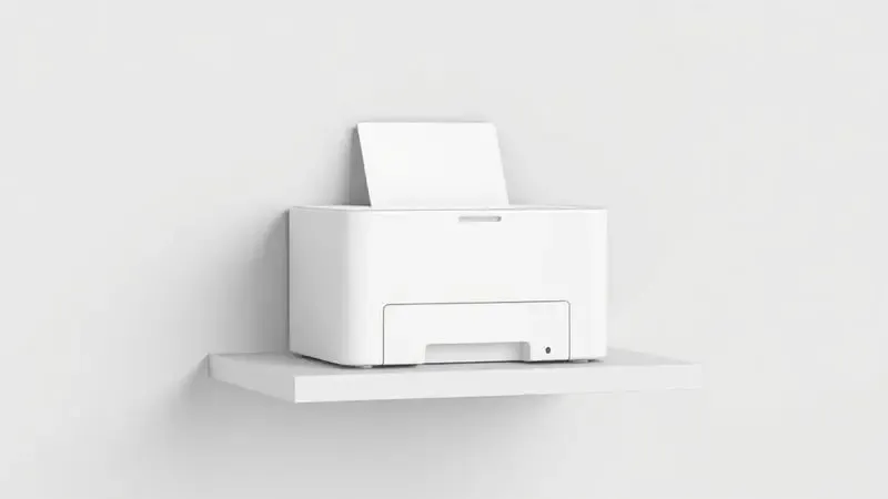 Renderização 3D de uma impressora compacta posicionada de forma otimizada em uma pequena prateleira de escritório.