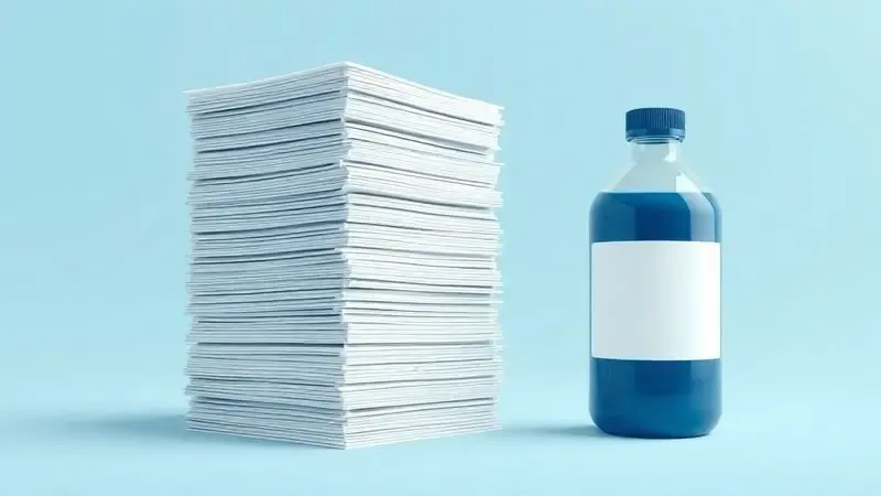 Ilustração 3D minimalista simbolizando o alto rendimento de páginas de uma impressora tanque de tinta em comparação com pouco consumo de tinta.