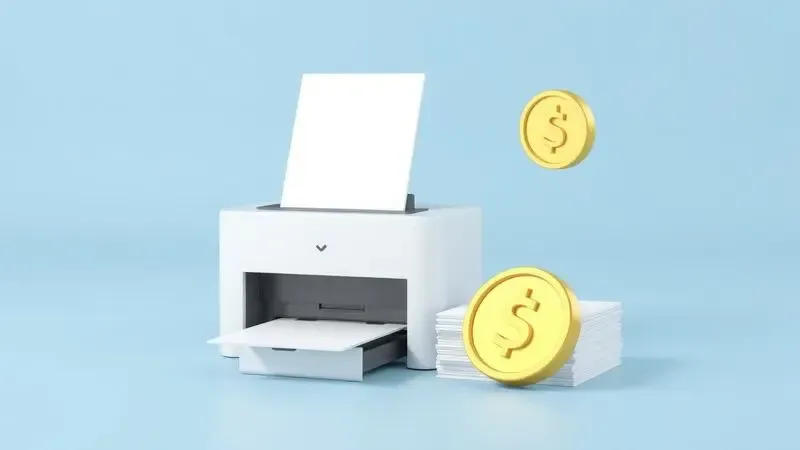 Ilustração 3D de uma pilha de papel organizada ao lado de ícones de economia de custo.