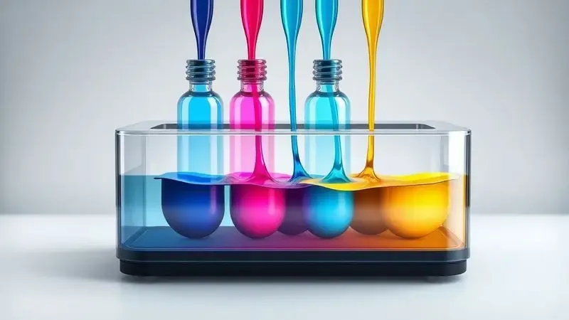 Ilustração de tanques de tinta colorida sendo abastecidos de forma limpa e econômica em uma impressora conceitual.