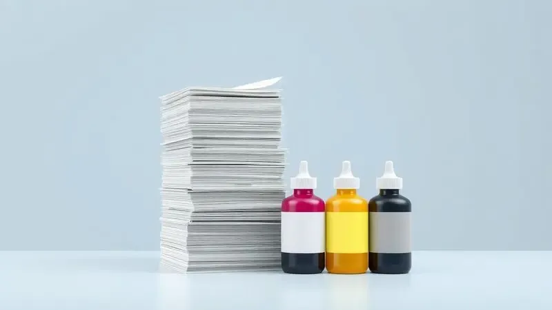 Ilustração digital de uma grande pilha de papéis impressos ao lado de quatro garrafas de tinta coloridas, simbolizando alto rendimento.
