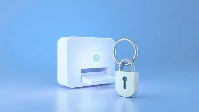 Ilustração 3D conceitual de uma engrenagem e uma chave digital desbloqueando um dispositivo eletrônico, simbolizando manutenção de software.