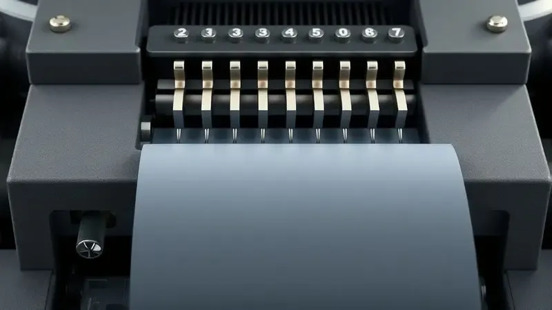 Ilustração digital 3D do mecanismo interno de uma impressora matricial genérica destacando o impacto das agulhas.