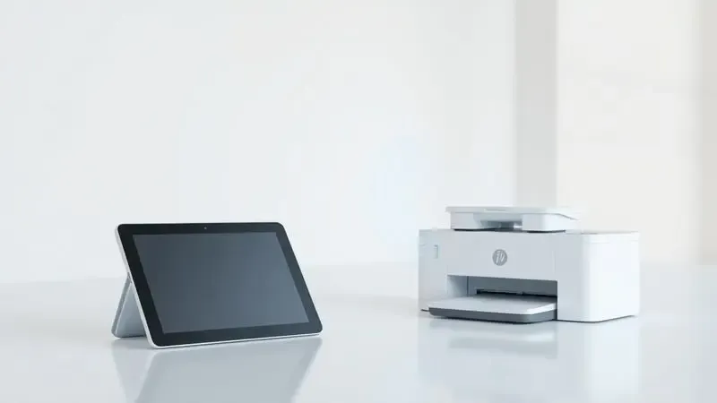 Representação visual 3D da tecnologia AirPrint conectando um tablet a uma impressora através de ondas de dados abstratas.