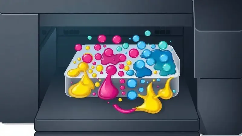 Ilustração digital das almofadas de tinta internas de uma impressora absorvendo resíduos coloridos de forma estilizada.