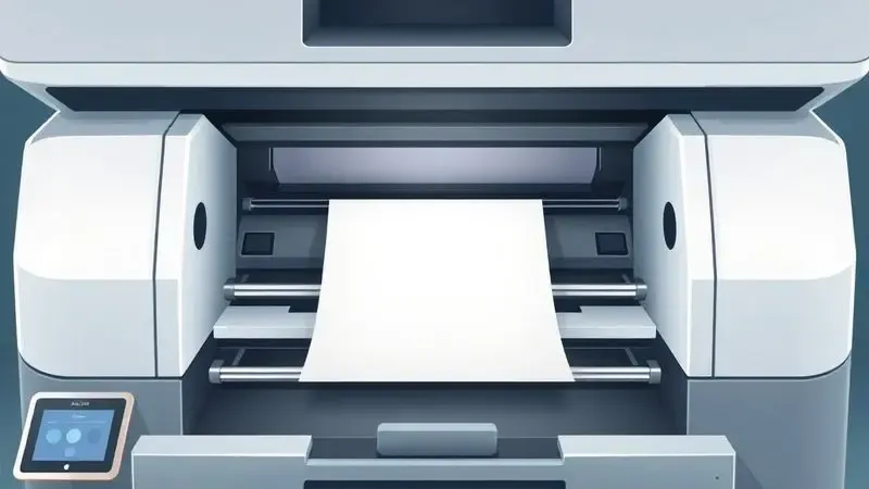 Ilustração 3D de um mecanismo interno de impressora alimentando papel transfer de forma eficiente.