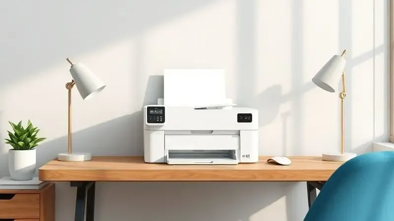 Escritório doméstico moderno com uma impressora compacta e organizada sobre a mesa de madeira.