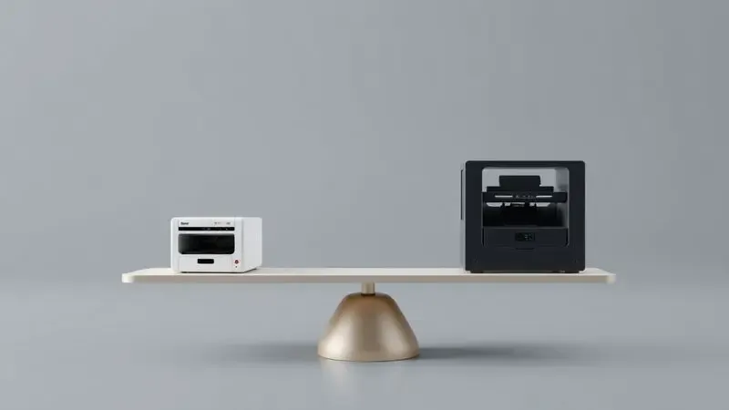 Comparação visual entre modelos de impressora de sublimação de entrada e modelos profissionais para grandes produções.