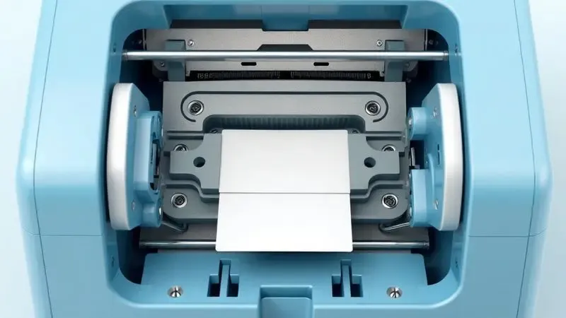 Visão técnica e artística dos componentes internos de uma impressora de cartões estilizada.