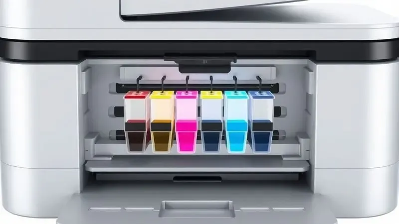 Ilustração digital detalhada mostrando o sistema interno de tanques de tinta de uma impressora moderna.