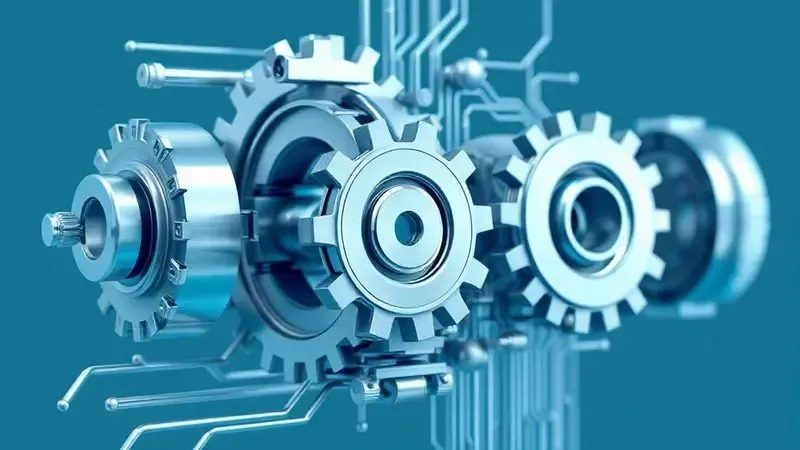 Renderização artística de circuitos e componentes técnicos representando o hardware interno e especificações de uma impressora.