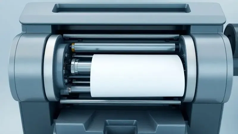 Renderização 3D conceitual mostrando o mecanismo interno de uma impressora processando papel de alta gramatura com precisão.