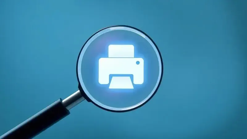 Ilustração conceitual de diagnóstico e resolução de problemas de impressora com ícones estilizados.