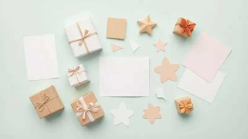 Composição artística em 3D de diversos itens de papelaria e embalagens personalizadas genéricas.