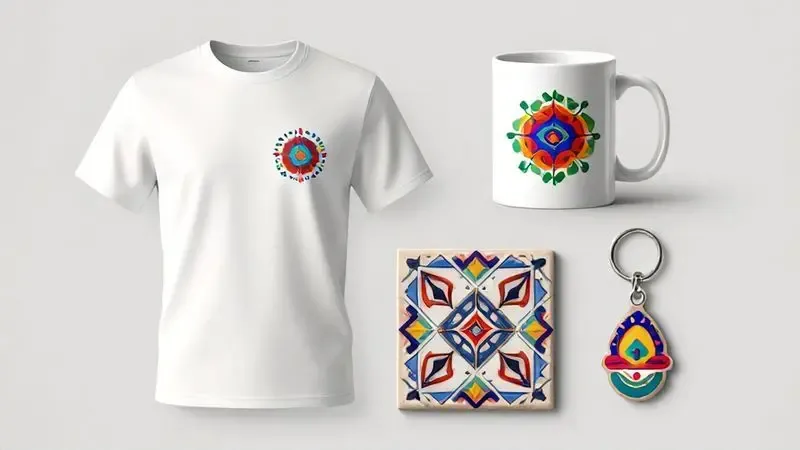 Exemplos conceituais de produtos personalizados com sublimação como camisetas, canecas e azulejos