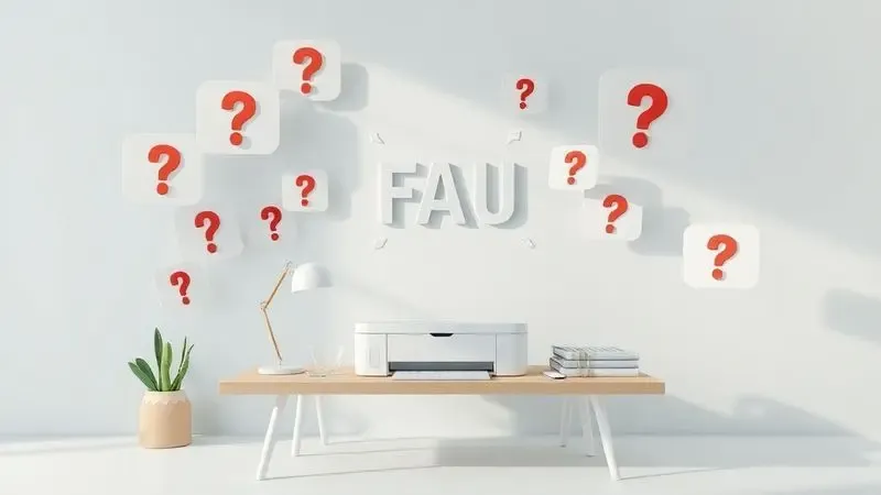 Render 3D conceitual de FAQ com bolhas de perguntas e fluxo de informação