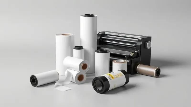 Ilustração isométrica 3D de componentes internos de uma impressora digital em estilo tecnológico e minimalista.