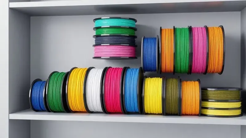 Carretéis de filamento coloridos e variados organizados de forma estética para uso em impressoras 3D.