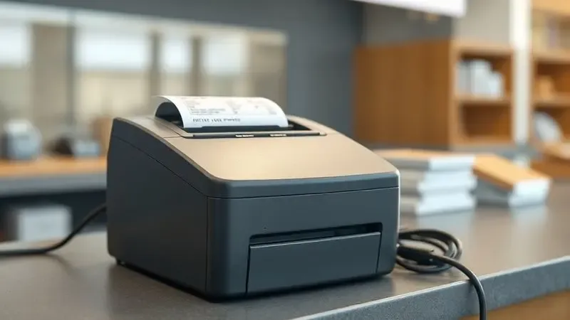 Impressora térmica genérica em um ambiente comercial focando na conexão de energia estável.