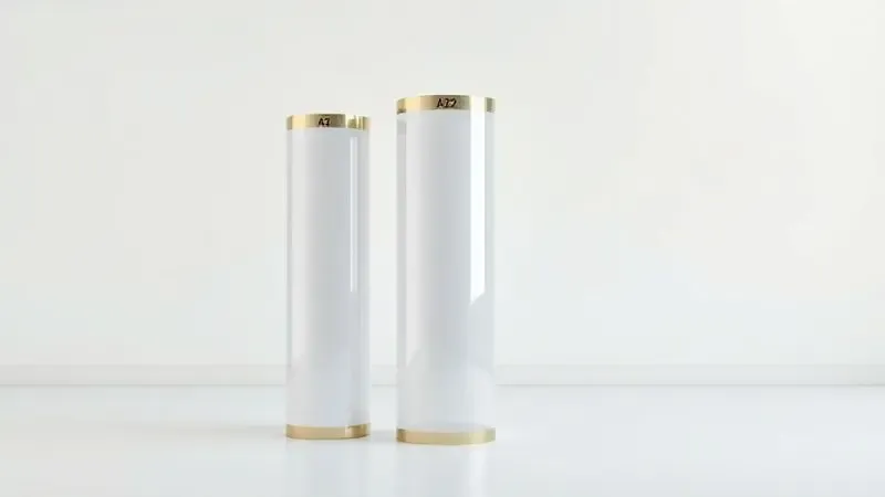 Ilustração em 3D mostrando a diferença proporcional entre os formatos de filme DTF A1, A2 e A3 dispostos de forma artística.