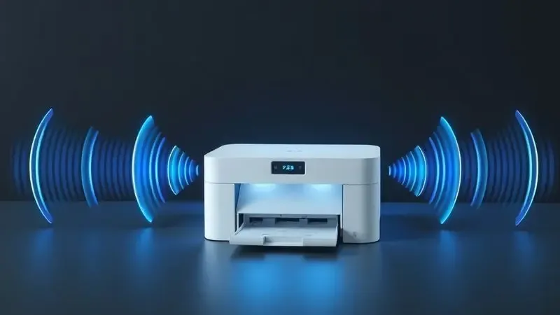 Representação visual de ondas sonoras integrando-se a uma impressora, simbolizando a tecnologia de comando de voz.