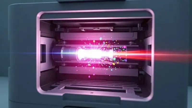 Representação artística do funcionamento interno de uma impressora laser com feixes de luz e partículas de toner coloridas.