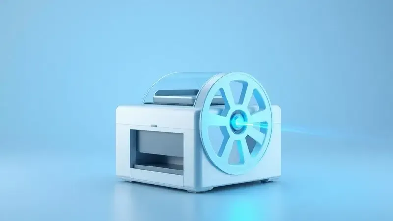 Ilustração 3D tecnológica mostrando o conceito de um tambor de impressora e um feixe de laser em ambiente limpo.