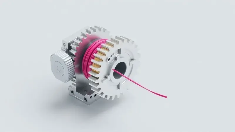 Ilustração 3D conceitual de um mecanismo de extrusão simplificado puxando filamento de plástico.