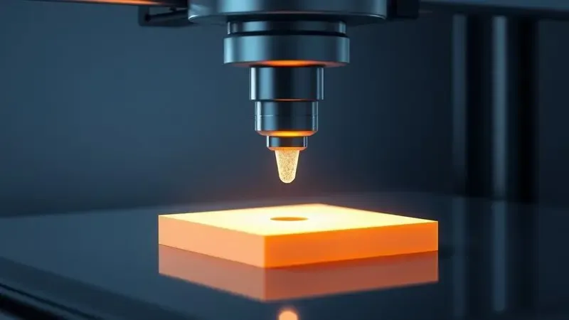 Ilustração digital do bico de uma impressora 3D depositando camadas de material em um processo de fabricação aditiva.