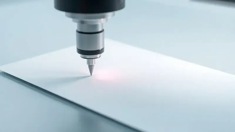 Representação conceitual em 3D de uma cabeça de corte de alta precisão operando sobre papel.