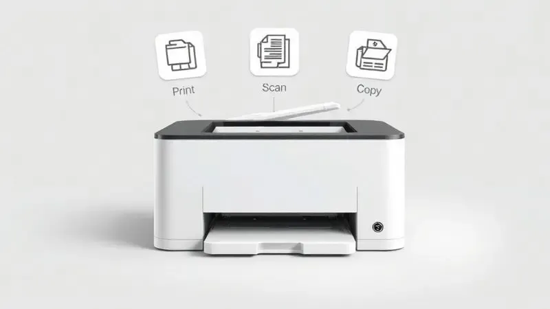Ilustração 3D conceitual mostrando as funções de digitalização e cópia de uma impressora multifuncional.