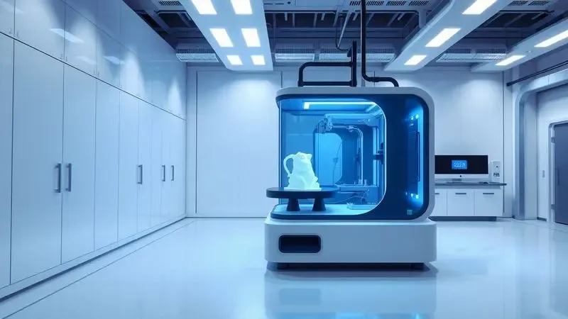 Visão futurista de um laboratório de alta tecnologia focado em impressão 3D avançada e troca automática de materiais.
