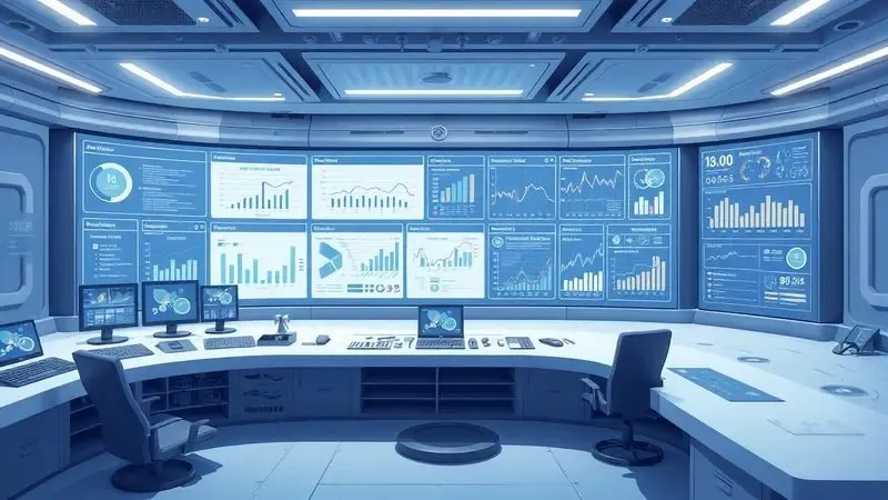 Painel digital futurista com fluxogramas e dados organizados para gestão de conhecimento em um centro de processamento de dados.