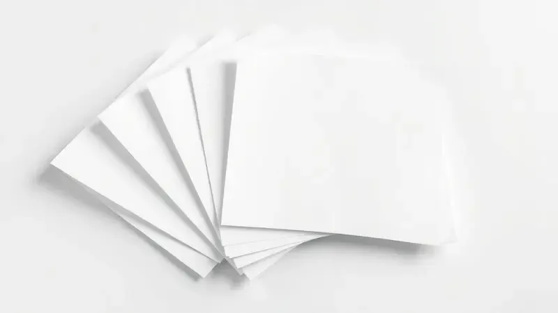 Renderização 3D de diferentes folhas de papel com texturas foscas e brilhantes, demonstrando variadas espessuras e gramaturas.